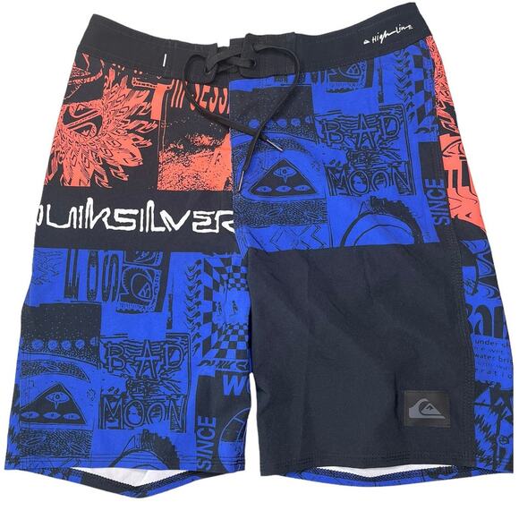 Quiksilver High Line stretch newsprint blue orange black board shorts size 28 - Picture 1 of 5